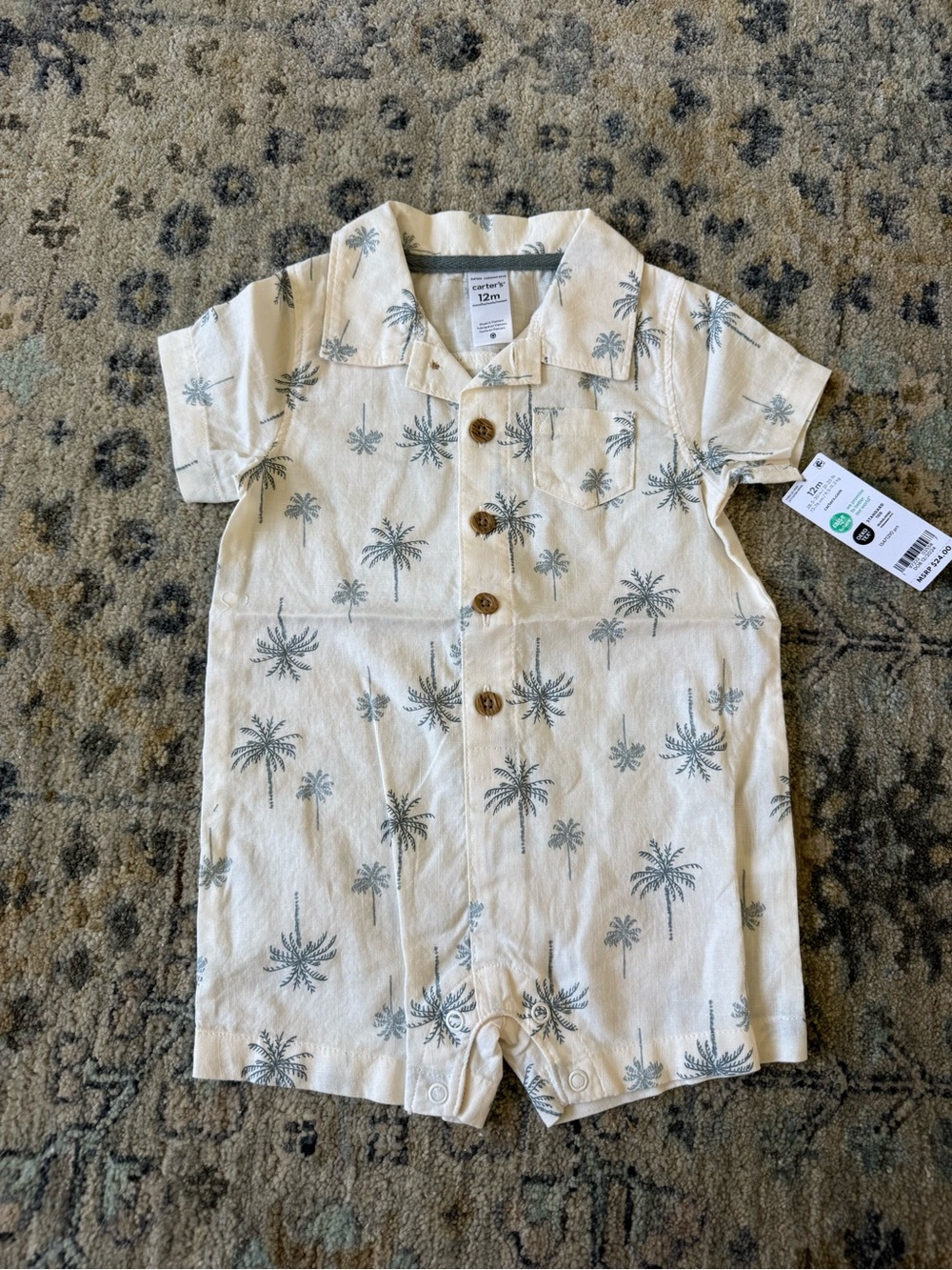 NWT Carter's 12 month Cream Palm-Print Short Sleeve Baby Romper